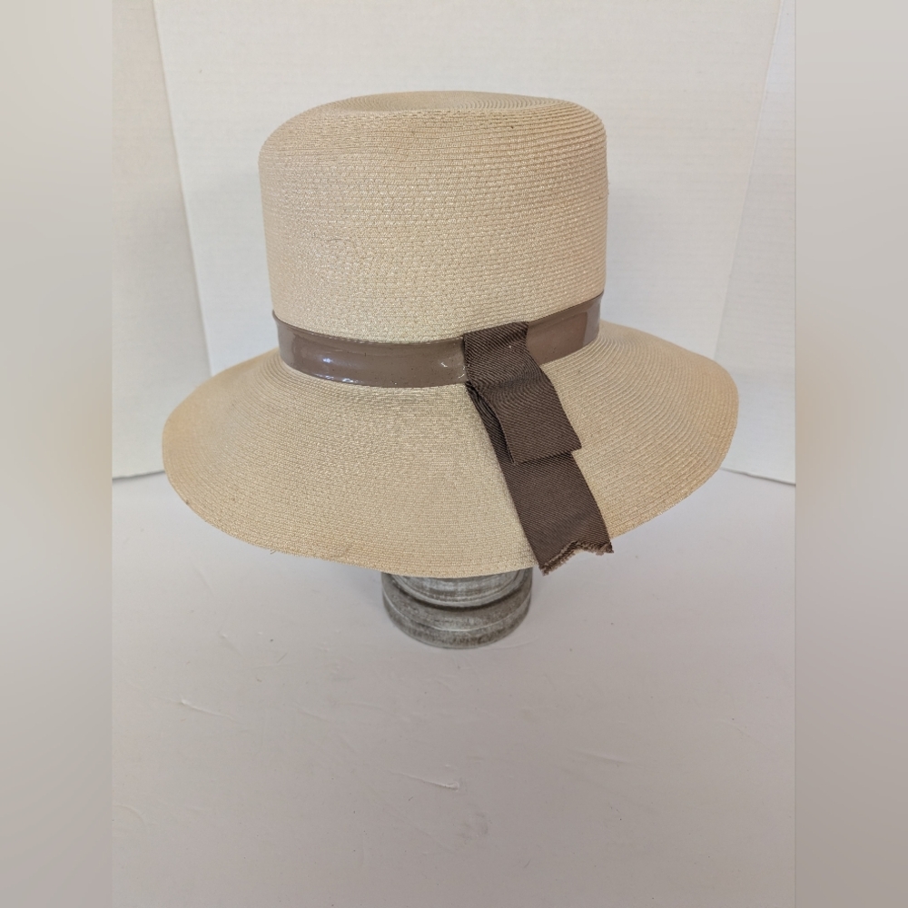 Vintage Hat Cream Brown Ribbon 1970s Floppy Hat Bohemian - Picture 1 of 4